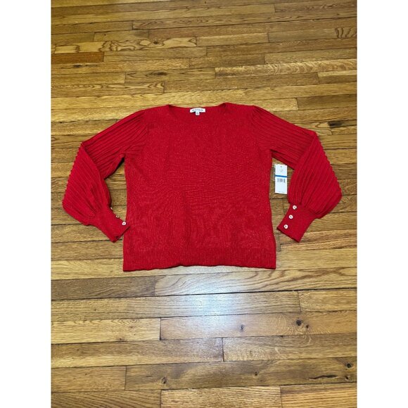 Nanette Lepore Womens Sweater Size XL Red Puff Sleeve Glittery Knit NWT $78 - Picture 1 of 7